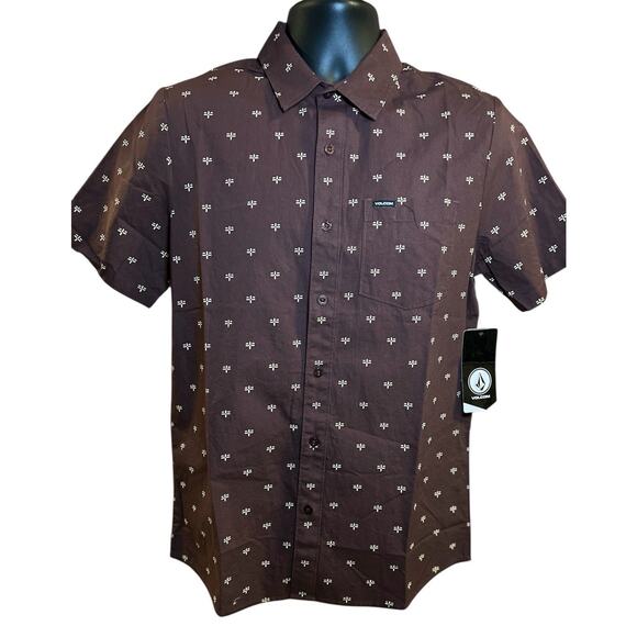 VOLCOM Warbler Short Sleeve Size‎ S Woven Button Up Shirt Brown NWT MSRP $60 - Picture 1 of 9